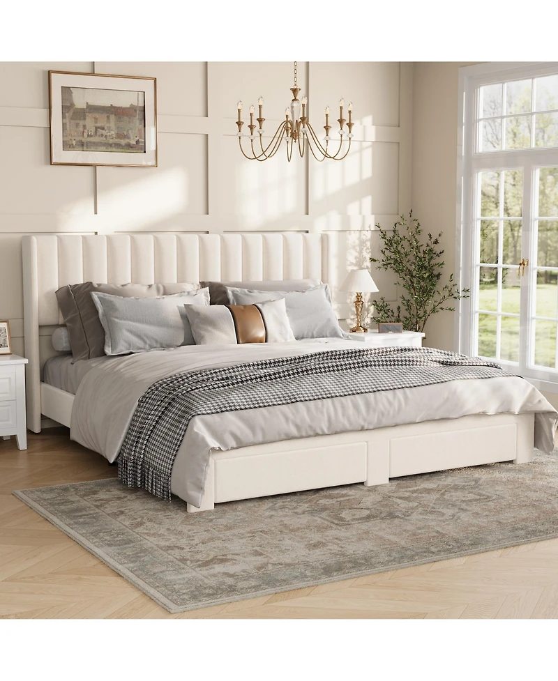 gaomon Velvet Wingback Platform Bed with 2 Storage Drawers Upholstered Frame, Wooden Slats, No Box Spring Needed