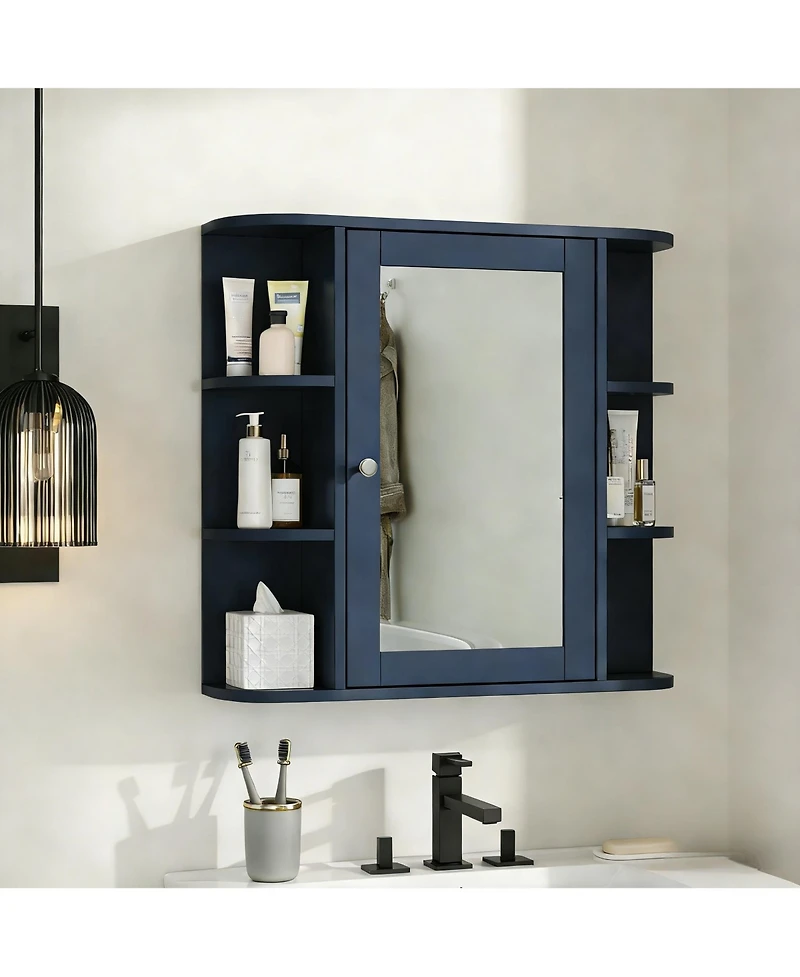 Busdays Bathroom Wall Storage Cabinet with Mirror Medicine Cabinet Adjustable Shelf 6 Open Shelves Doors Wall Mounted Organizer