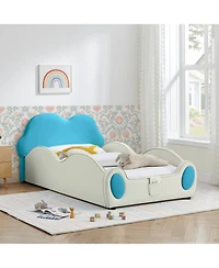 Rainsken Twin Cute Cloud Floor Bed Frame, with Safety Guardrails Floor Beds and Bed-End Storage Pocket, Shape Pu Leather Kids Bed, for 3+ Kids