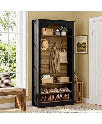 Tribesigns 74.8" Hall Tree with Shoe Storage, 3-Tier Narrow Shoe Rack with Coat Rack, Farmhouse Hall Tree with 4 Double Coat Hooks