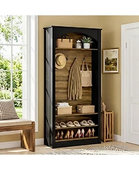 Tribesigns 74.8" Hall Tree with Shoe Storage, 3-Tier Narrow Shoe Rack with Coat Rack, Farmhouse Hall Tree with 4 Double Coat Hooks