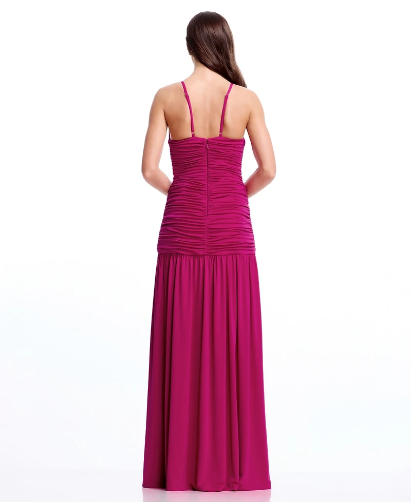 Dress the Population Women's Sleeveless Deep V-Neck Ruched Maxi