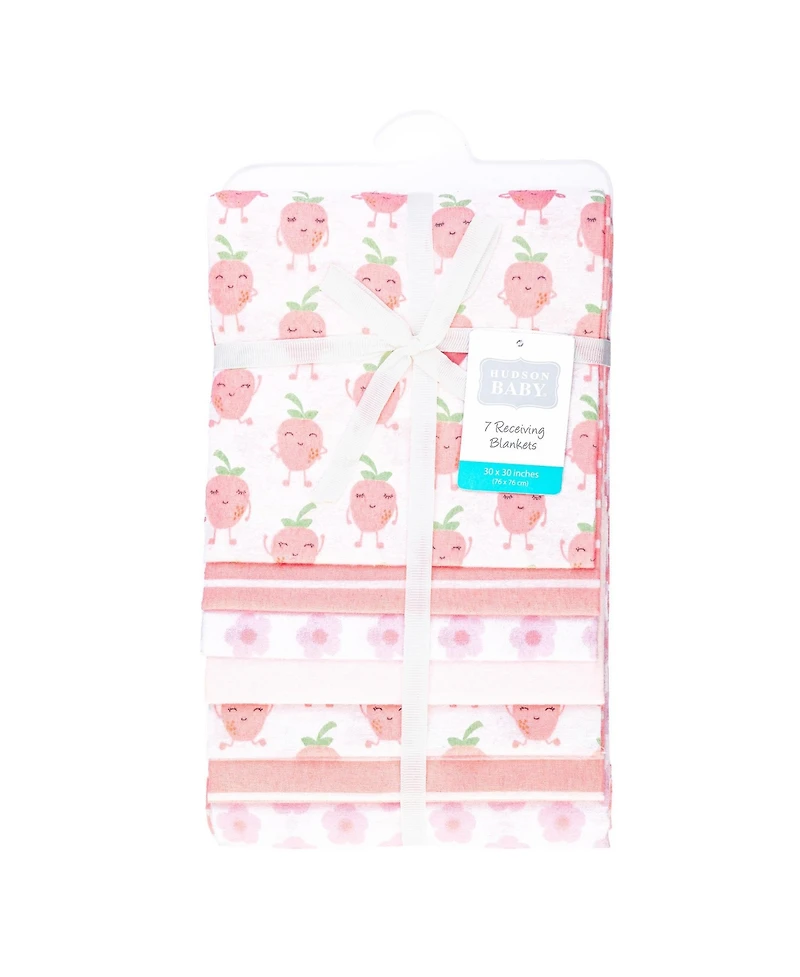 Hudson Baby Girl Cotton Poly Flannel Receiving Blankets Bundle 7-Pack, Happy Strawberries, One Size