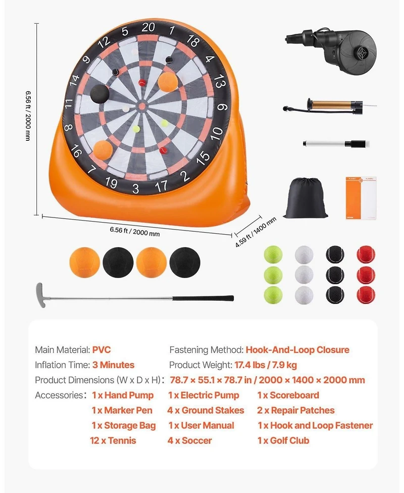 Mecale Inflatable Soccer Dart Board, 6+ Ft Giant Kick Darts Game, Includes 4 Kick Balls, 12 Tennis Balls & Air Pump, Fast Setup