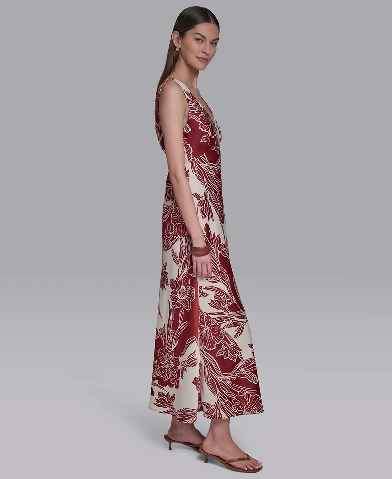 Halston Women's Sleeveless Hibiscus Printed V-Neck Maxi Dress