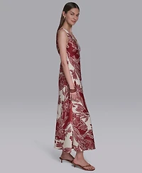 Halston Women's Sleeveless Hibiscus Printed V-Neck Maxi Dress