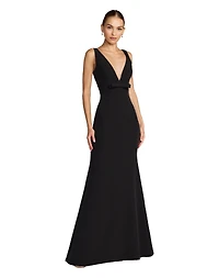 Mac Duggal Petite Crepe Sleeveless V Neck Sheath Gown With Bow