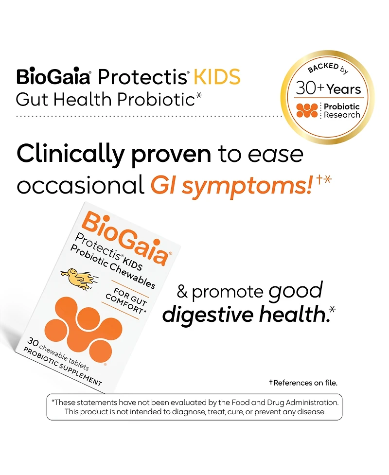 BioGaia Kids Probiotic Chewables for Digestive Support, Promote Regularity and Ease Tummy Troubles, Ages 3+, Allergen Free, 30 Count