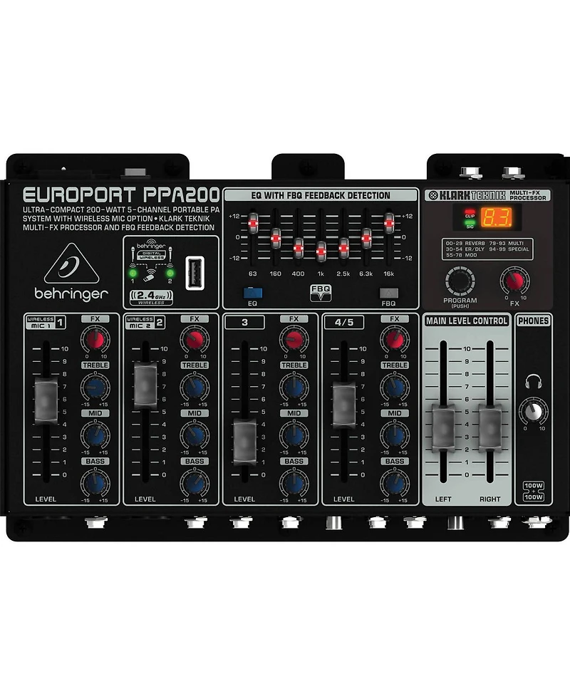 Behringer Europort PPA200 200-Watt 5-Channel Portable PA System with Wireless Microphone Option