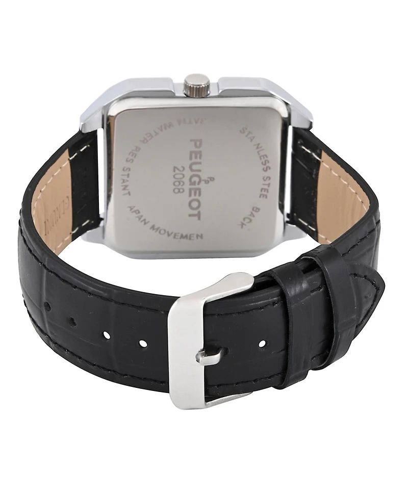 Peugept Men's Black Dial Square Vintage Dress Watch with Roman Numeral Dial and Leather Strap