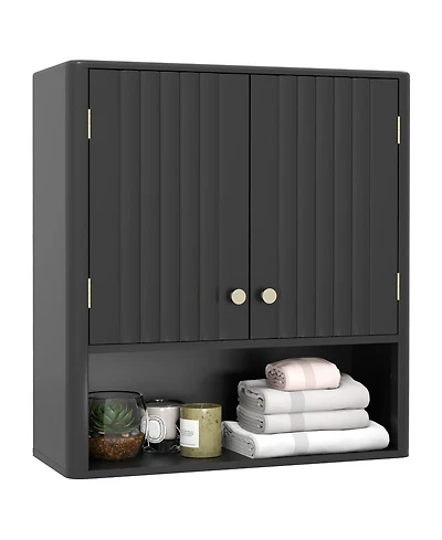 Gymax Bathroom Wall Cabinet w/Fluted Doors Adjustable Shelf Open Storage Cube Beige