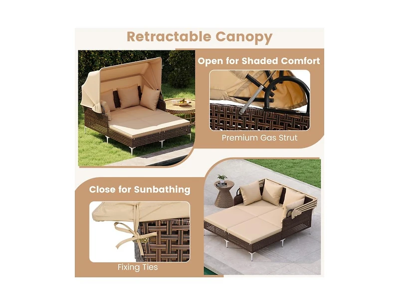 Boyel Living Outdoor Daybed with Retractable Canopy Pe Wicker Rattan Patio Lounger