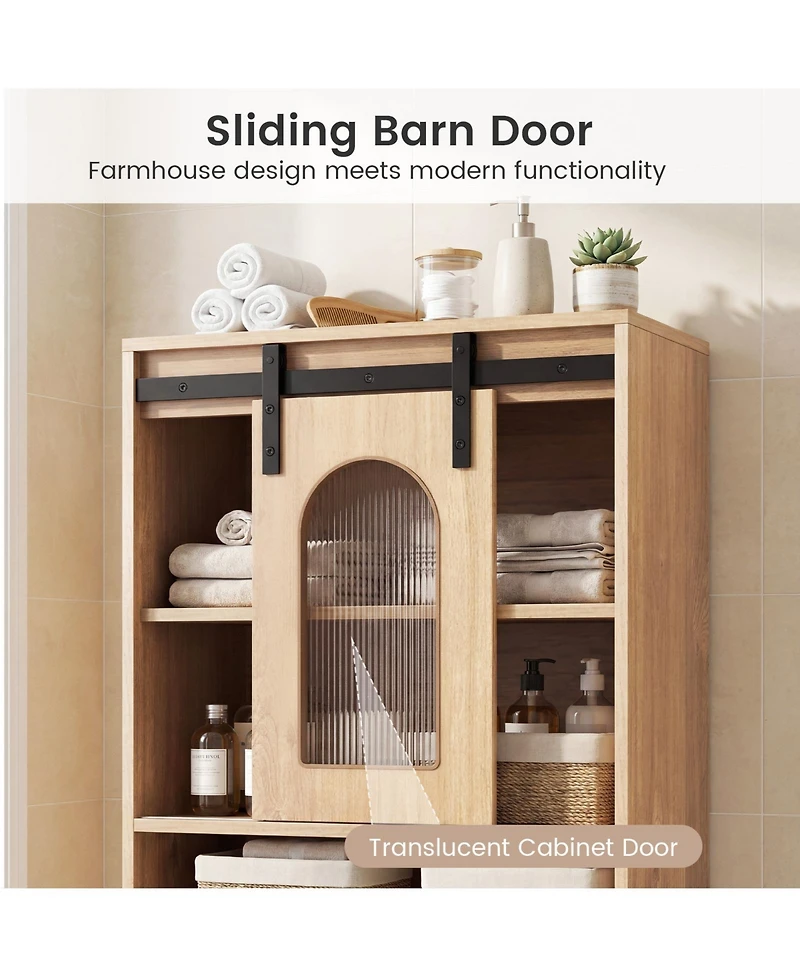 Gymax 59'' Farmhouse Bathroom Floor Cabinet w/Sliding Barn Door and Shelves for Kitchen