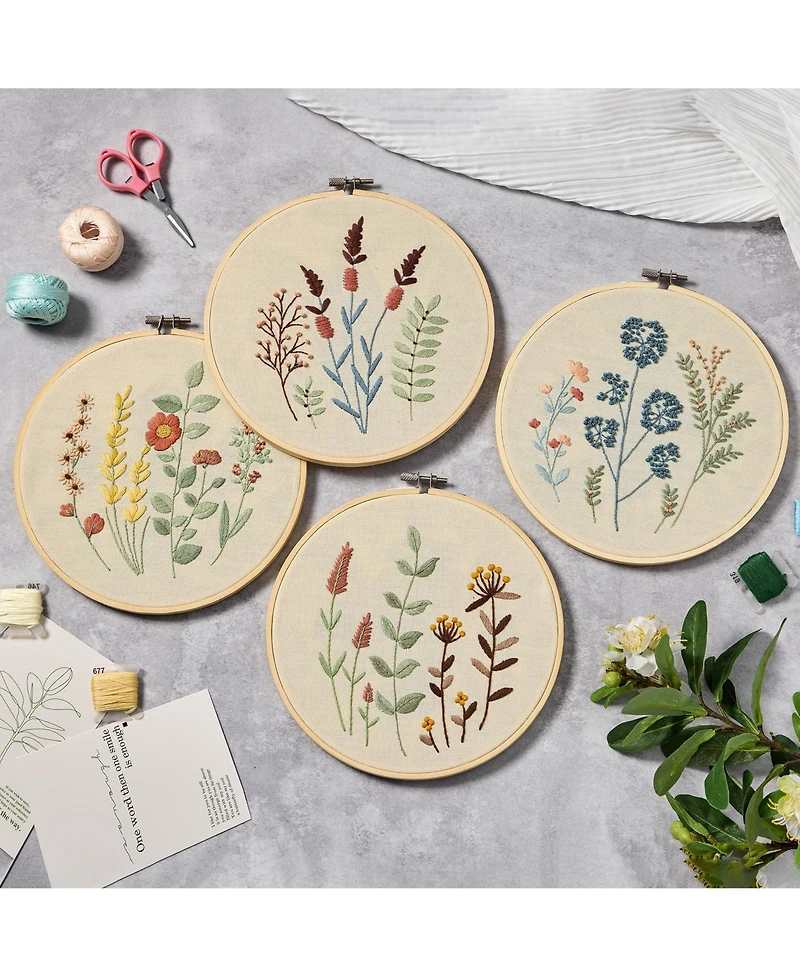 Gnuadz 4 Sets Embroidery Kit Beginners Clothes Pattern Hoops Threads