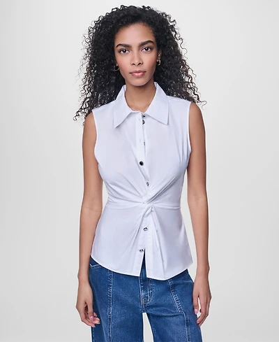 Dkny Jeans Women's Sleeveless Collared Twist Front Button-Up Shirt