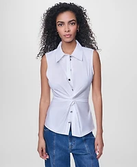 Dkny Jeans Women's Sleeveless Collared Twist Front Button-Up Shirt