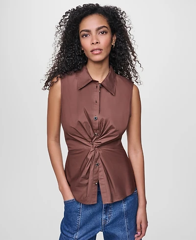 Dkny Jeans Women's Sleeveless Collared Twist Front Button-Up Shirt