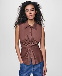 Dkny Jeans Women's Sleeveless Collared Twist Front Button-Up Shirt