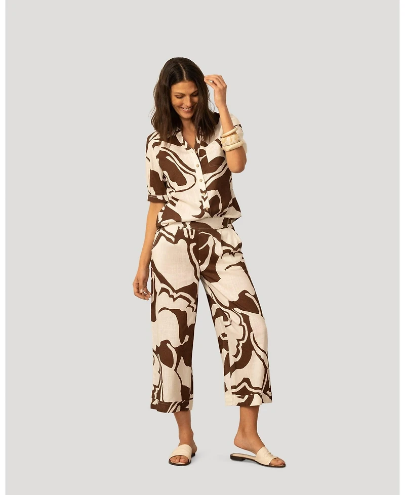 Cable & Gauge Women's Printed Linen Blend Button Front Top