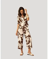 Cable & Gauge Women's Printed Linen Blend Button Front Top