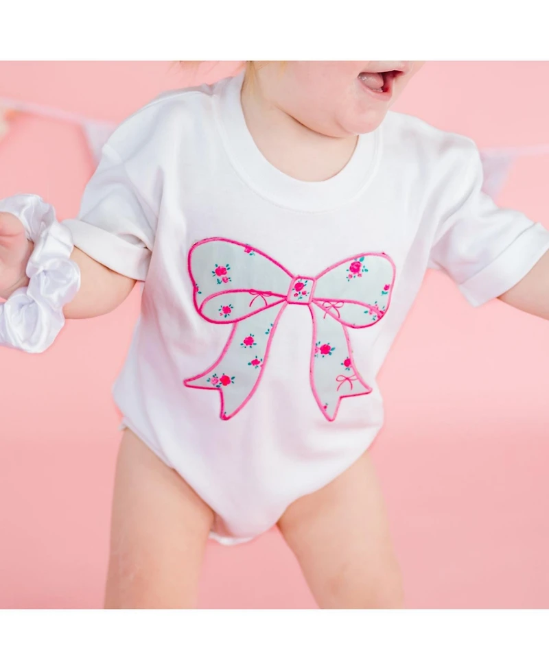 Sweet Wink Baby Girls Sky Blue Floral Bow Patch Short Sleeve Romper