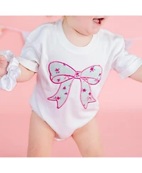 Sweet Wink Baby Girls Sky Blue Floral Bow Patch Short Sleeve Romper