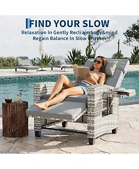 GarveeLife Outdoor Wicker Recliner Chair with 145degree(s) Adjustable Backrest and Footrest, Flip-Up Side Table, Removable Cushion