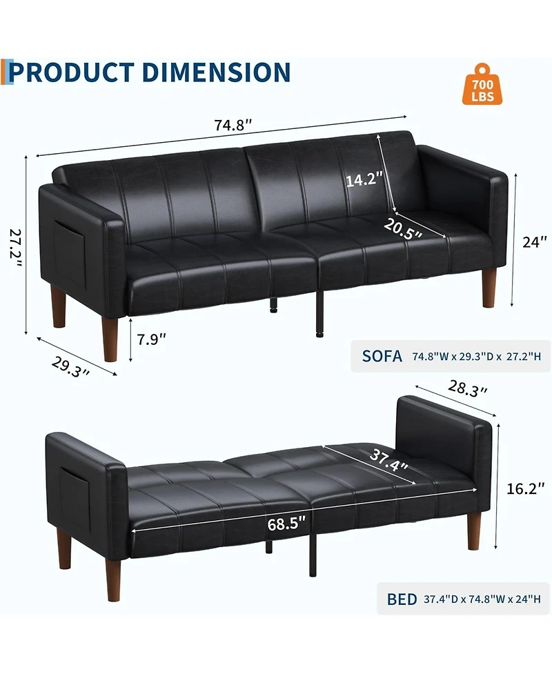 gaomon Futon Sofa Bed, 75-Inch Modern Faux Leather Convertible Couch, Mid-Century Loveseat for Small Space, Living Room, Bedroom.
