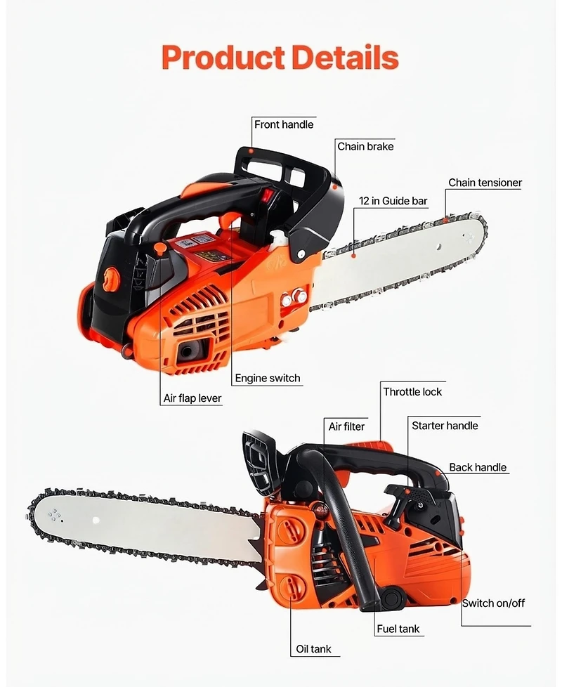 Skonyon 25.4CC 12in 1.2HP Gas Chainsaw for Tree Cutting and Trimming
