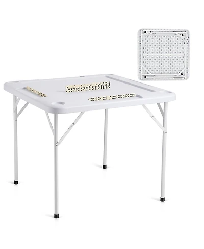 Mecale 35.4" Square Folding Mahjong Table for 4 Players, Cup Holders & Chip Trays, Includes Domino Set, Portable Game Table, White
