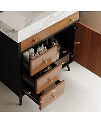 Sillysis 30 Inch Walnut Freestanding Bathroom Vanity with Sintered Stone Top, Modern Ceramic Sink, Gold Metal Legs, Storage Drawer