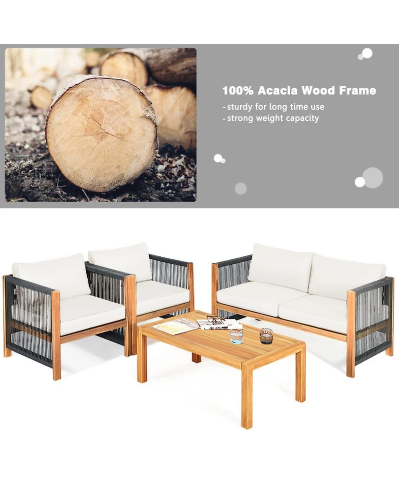 Gouun 4-Piece Outdoor Acacia Wood Patio Conversation Set with Loveseat, 2 Armchairs and Coffee Table