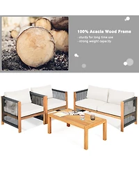 Gouun 4-Piece Outdoor Acacia Wood Patio Conversation Set with Loveseat, 2 Armchairs and Coffee Table