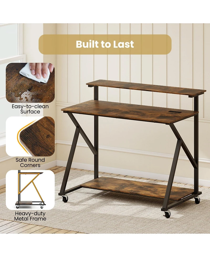 Mecale Rolling Computer Desk with Charging Station and Monitor Shelf, Home Office Storage Desk