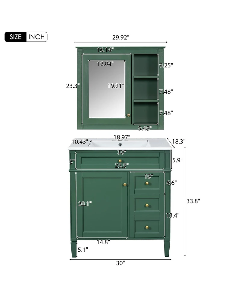 Sillysis 30 Inch Modern Bathroom Vanity with Mirror Cabinet, Solid Wood and Mdf, Ceramic Sink, Ample Storage for Home Bath