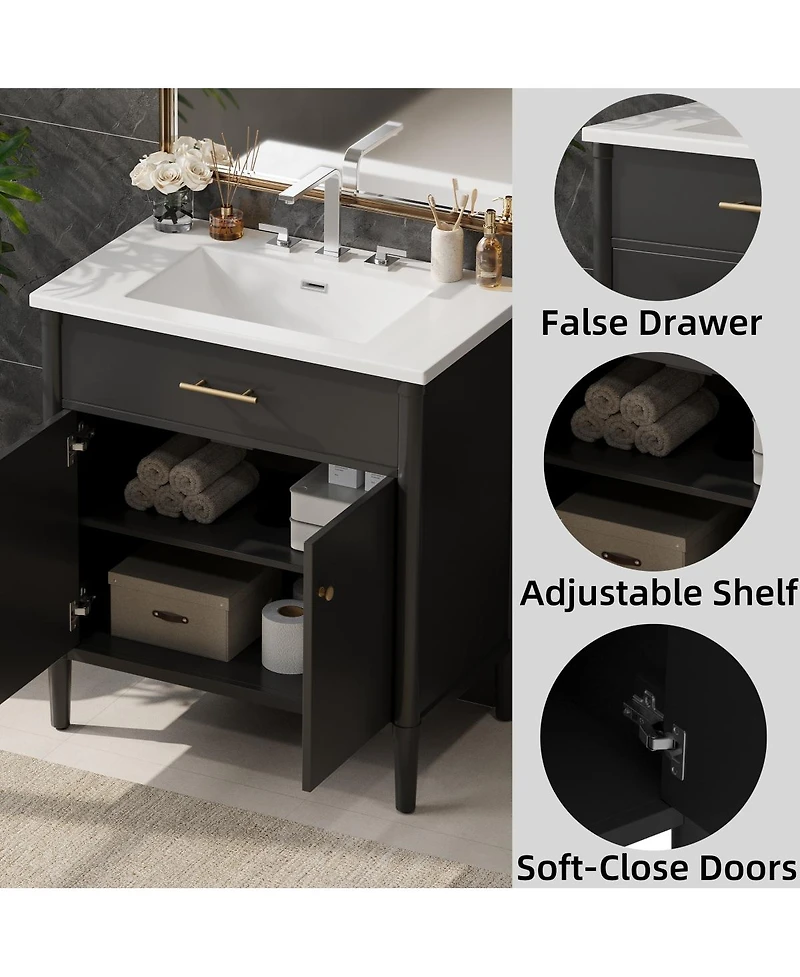 Sillysis 31 Inch Modern Freestanding Bathroom Vanity with Ceramic Sink, Mdf Cabinet, Soft Close Doors, Solid Wood Legs-Sillysis