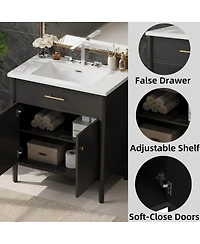 Sillysis 31 Inch Modern Freestanding Bathroom Vanity with Ceramic Sink, Mdf Cabinet, Soft Close Doors, Solid Wood Legs-Sillysis