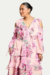 Coast Women's Shoulder Printed Ruffle Midi Dress