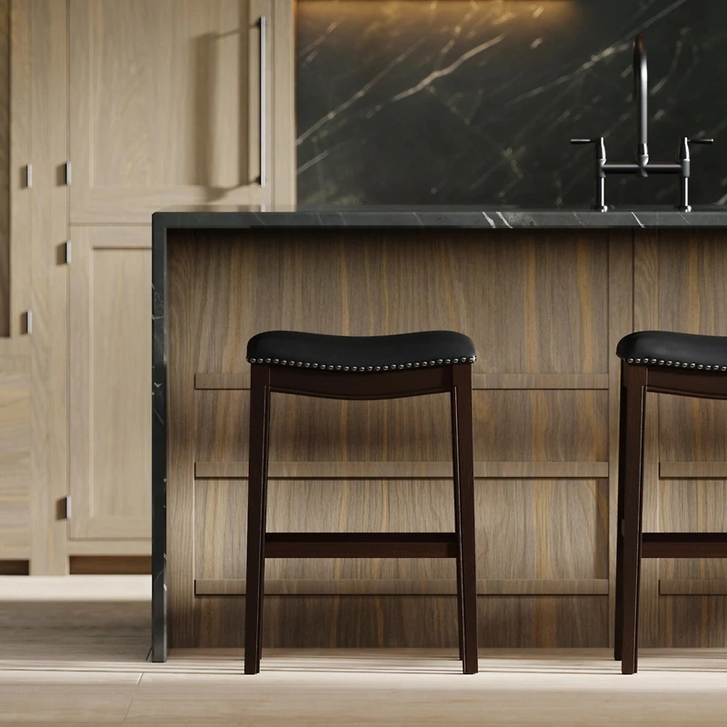 Flynama Bar Height Wood Bar Stool with Faux Leather Seat