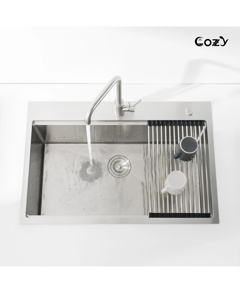Busdays Stainless Steel Kitchen Sink Single Bowl Overmount Handmade Brushed with Cutting Board and Colander