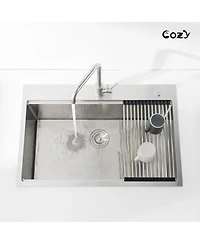Busdays Stainless Steel Kitchen Sink Single Bowl Overmount Handmade Brushed with Cutting Board and Colander