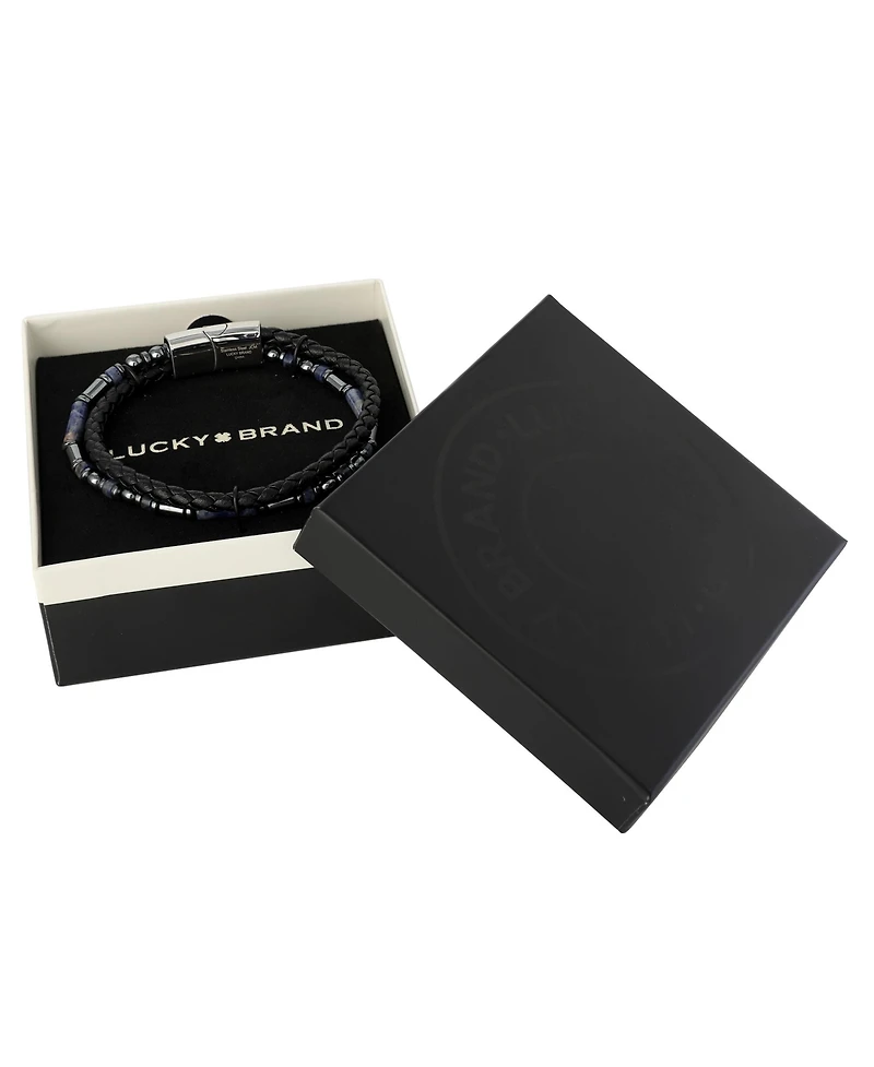 Lucky Brand Men s Braided Leather & Sodalite Bead 8.5'' Bracelet, Black/Blue, Magnetic Clasp