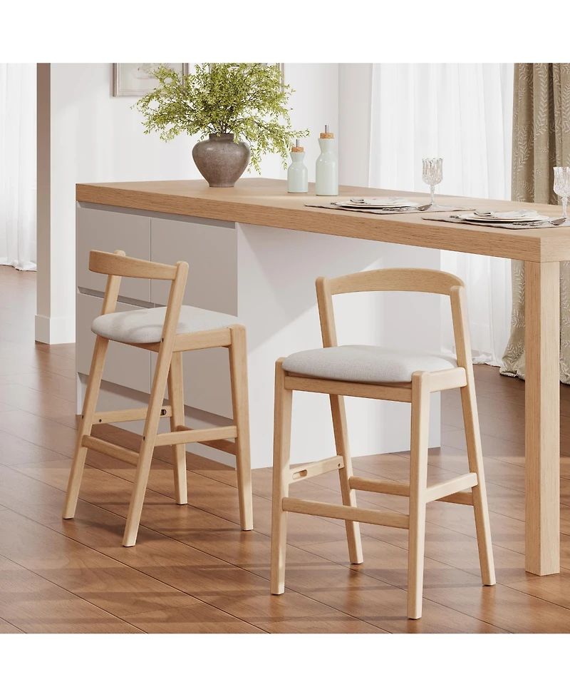 Rainsken 30" H Upholstered Bar Stools Set of 2, Classic Rubber Wood Counter Height Chairs with Backrest and Footrests for Kitchen Island