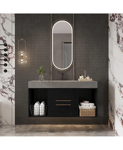 Sillysis Wall Mounted Bathroom Vanity with Faux Marble Top and Ceramic Sink, Open Shelf Plywood Cabinet