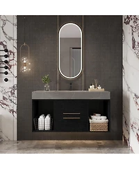 Sillysis Wall Mounted Bathroom Vanity with Faux Marble Top and Ceramic Sink, Open Shelf Plywood Cabinet