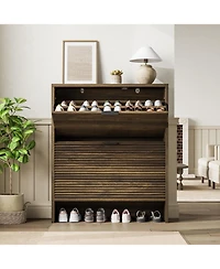 gaomon Tall Freestanding Entryway Shoe Cabinet Recessed Design, 2 Flip-Up Drawer Doors, Hidden Rack Ideal for Hallways and Living Rooms