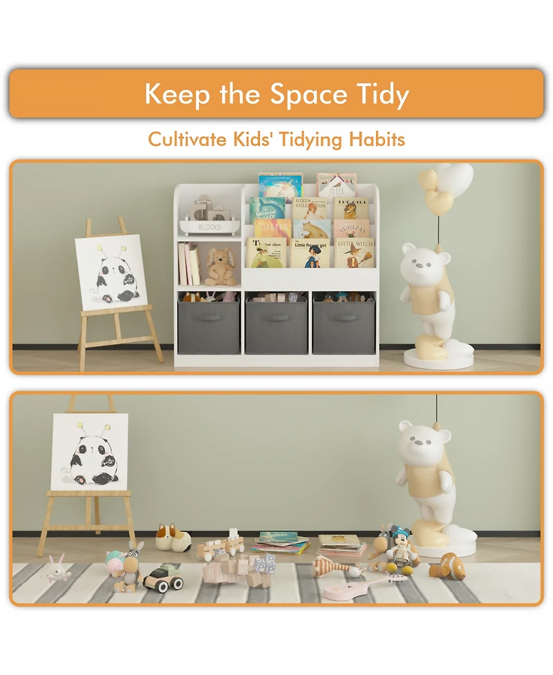 Rainsken Kids Bookcase, with 3 Collapsible Fabric Drawers, Toy Organizers and Storage Bookcase, for Bedroom, Playroom, Hallway