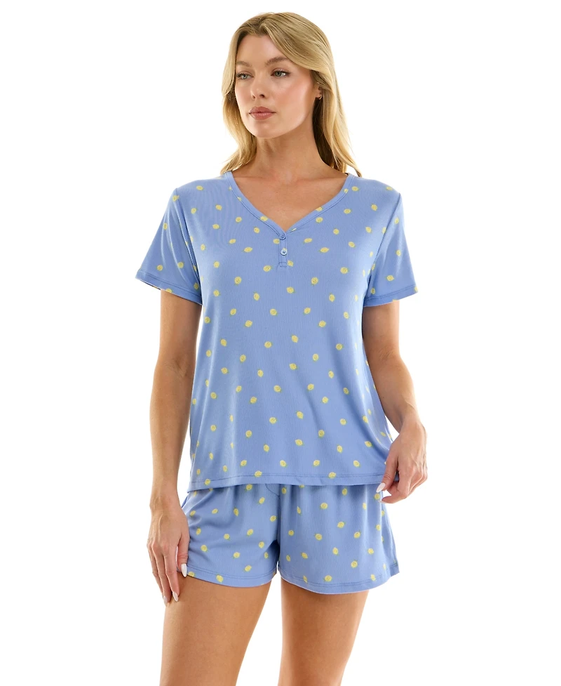 Jaclyn Intimates Women's V-Neck Henley Top and Flared Pajama Shorts, 2-Piece Set
