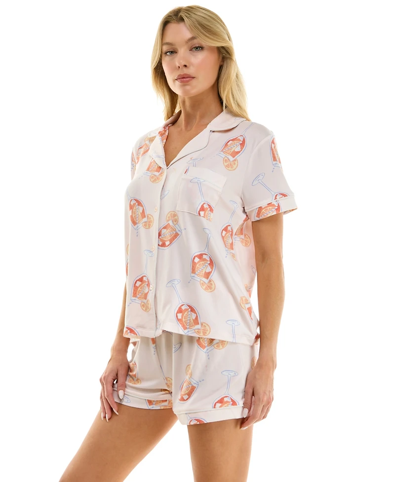 Jaclyn Intimates Women's Short-Sleeve Notch Collar Top and Shorts, 2-Piece Set