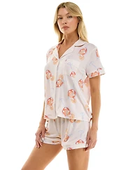 Jaclyn Intimates Women's Short-Sleeve Notch Collar Top and Shorts, 2-Piece Set